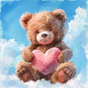 [1]泰迪熊抱爱心，[2]一只棕色的泰迪熊怀抱着一颗粉色的爱心，脸上露出幸福的笑容。[3]泰迪熊的身后是一片蓝色的天空和几朵白云。[4]给人一种温暖、幸福的感觉。[5]插画，[6]使用水彩颜料，以柔和的笔触和温暖的色彩表现出泰迪熊的可爱和爱心的美好。