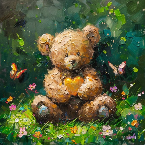 [1]泰迪熊抱爱心，[2]一只棕色的泰迪熊抱着一颗金色的爱心，坐在一个绿色的草地上。[3]泰迪熊的周围是一些五颜六色的花朵和几只蝴蝶。[4]给人一种清新、自然的感觉。[5]绘画，[6]使用油画颜料，以细腻的笔触和明亮的色彩表现出泰迪熊的可爱和草地的生机。