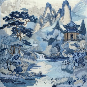 苏州刺绣，中国山水，高峰层叠，亭台楼阁，扁平风，蓝色调