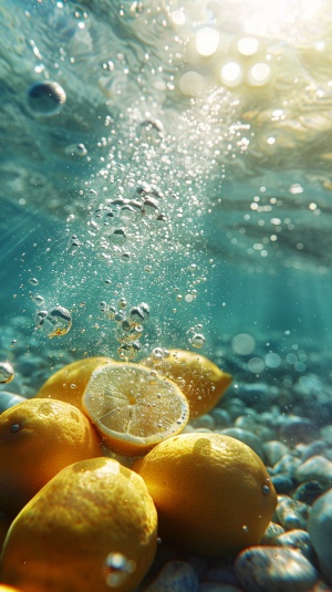 清澈水中的柠檬与阳光倒影