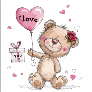 可爱的泰迪熊,头上戴着玫瑰花,手拿心形气球和礼物盒,以卡通风格写着“我爱你”,背景为白色,数字艺术由Marjolein Bastillia创作。剪贴画插图在白色背景上隔离边缘,设计为彩色页面。