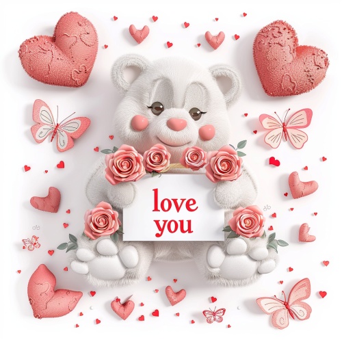 一个可爱的泰迪熊拿着玫瑰和心形礼品盒,上面写着“我爱你”,周围是红色的心形和粉红色的蝴蝶。这个剪贴画是以迪士尼风格为情人节卡片设计的,有白色背景和白色主题颜色。这是一幅数字艺术3D渲染作品,色彩明亮,柔和的色调,柔和的光线,以水彩画的风格呈现。可爱的卡通设计有一种柔和的风格。