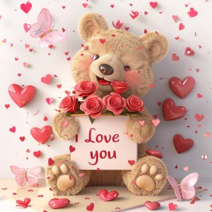 一个可爱的泰迪熊拿着玫瑰和心形礼品盒,上面写着“我爱你”,周围是红色的心形和粉红色的蝴蝶。这个剪贴画是以迪士尼风格为情人节卡片设计的,有白色背景和白色主题颜色。这是一幅数字艺术3D渲染作品,色彩明亮,柔和的色调,柔和的光线,以水彩画的风格呈现。可爱的卡通设计有一种柔和的风格。
