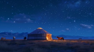 一个美丽的蒙古包在蒙古草原上,附近马儿在吃草,里面有一个舒适的火堆。夜晚的天空是深蓝色的,布满了星星,营造出一种宁静和温馨的氛围。这个场景描绘了一个蒙古草原风格的蒙古包,附近有马儿在吃草,里面有一个舒适的火堆。夜空是深蓝色的,布满了星星,营造出一种宁静和温馨的氛围。