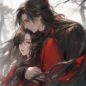中国古代明代风格，穿着黑色长袍的男子从身后抱着穿着红裙的女子，微风，自然的景色，超高清画质，五官清晰