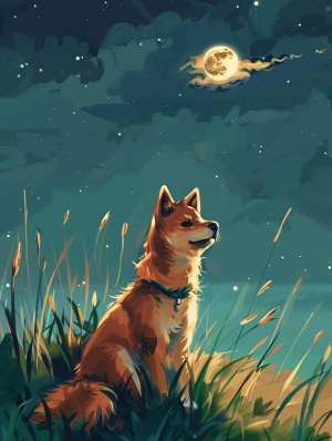 可爱小柴犬坐在绿色草地上，卡通风格，明月星空背景