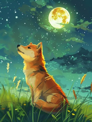 一只可爱的小柴犬坐在绿色的草地上。卡通风格，周围发散着光点，特写，一轮明月高高挂起，星空。微风吹荡着，高质量，唯妙唯俏。超高清，超精细绘画。