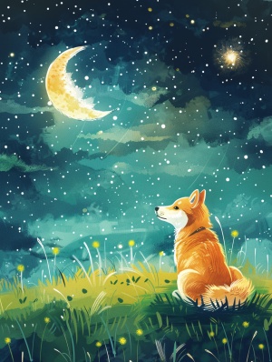 可爱小柴犬坐在绿色草地上，卡通风格，明月星空背景