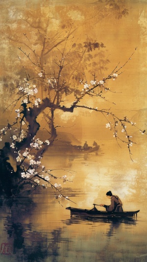 描绘一位琴师在弹琴船夫在溪边划船，溪水清澈，两岸梅花盛开，异常茂盛的梅花林