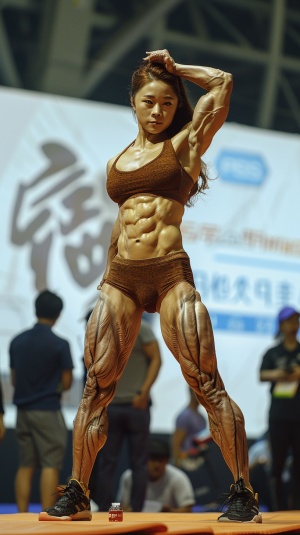 肌肉强壮的女选手在健美大赛展示
