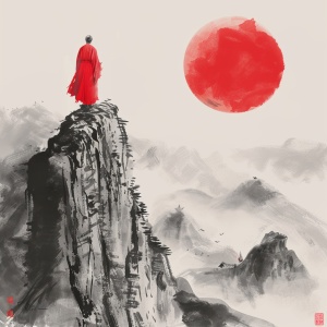 穿红色冲锋衣的男人，站在山顶上，迎着朝阳，拍照