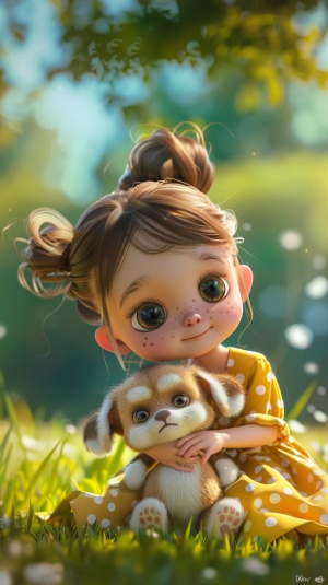 可爱小女孩卡通服饰手持小狗娃娃的高清插图