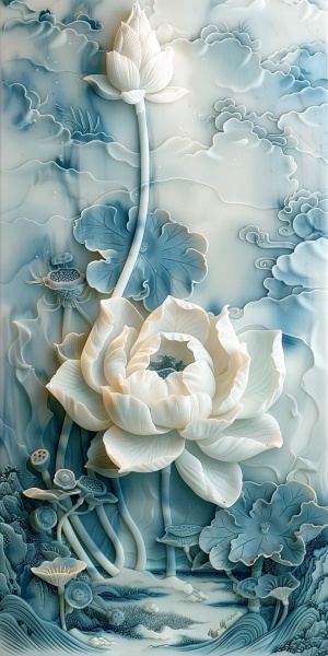 A carved lotus, landscape, auspicious cloud, watercolor mural, jade material. jade carving technology, blue and white tone, light background, 3d rendering, excellent picture quality, fine details, super wide Angle lens.