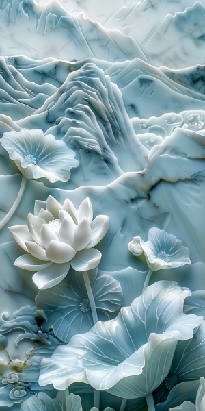 A carved lotus, landscape, auspicious cloud, watercolor mural, jade material. jade carving technology, blue and white tone, light background, 3d rendering, excellent picture quality, fine details, super wide Angle lens.