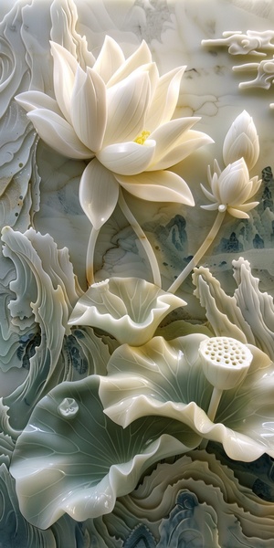 A carved lotus, landscape, auspicious cloud, watercolor mural, jade material. jade carving technology, blue and white tone, light background, 3d rendering, excellent picture quality, fine details, super wide Angle lens.