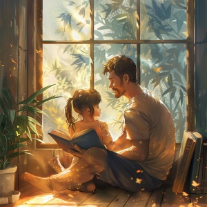 ✨关键词：父亲和孩子坐在窗边的舒适角落，一起沉浸在书的世界里。阳光透过窗户洒在他们身上，营造出一个宁静而温馨的阅读时光，暖色，动画，高细节，高品质✨画面风格：治愈系漫画✨尺寸：3：4