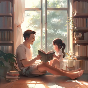 ✨关键词：父亲和孩子坐在窗边的舒适角落，一起沉浸在书的世界里。阳光透过窗户洒在他们身上，营造出一个宁静而温馨的阅读时光，暖色，动画，高细节，高品质✨画面风格：治愈系漫画✨尺寸：3：4