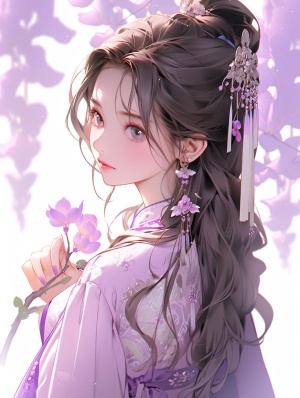 一位美丽的少女，身穿浅紫色古代唐装，高贵冷艳，清晰，大师级作品