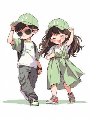 男女孩戴帽子太阳镜穿运动装手持咖啡卡通角色插画
