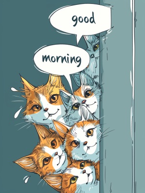 Row of Cats Peeking Out of Wall: Good Morning