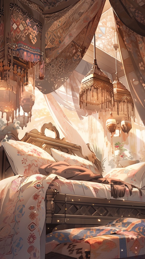 古代场景，一个刚出去的婴儿，用布包裹着，躺在古代的宫殿床上，安然熟睡，超高清