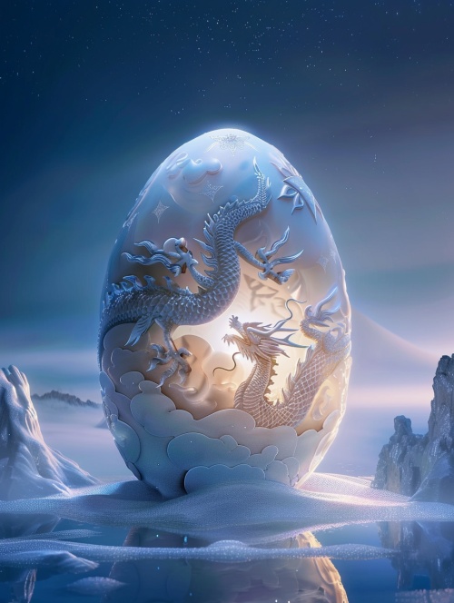 一颗巨大的候鸟蛋，表面雕刻着一条中国龙。栩栩如生，放置在浅蓝色的夜空中。星星在蛋周围闪烁， eggshell 星空，近景，超高清，超细节绘画，尺寸大，动画风格，细节清晰。