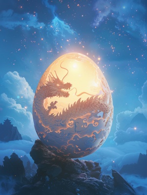 一颗巨大的候鸟蛋，表面雕刻着一条中国龙。栩栩如生，放置在浅蓝色的夜空中。星星在蛋周围闪烁， eggshell 星空，近景，超高清，超细节绘画，尺寸大，动画风格，细节清晰。