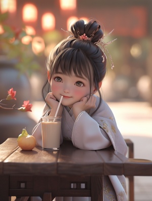 可爱小女孩在温馨中式背景下享受奶茶