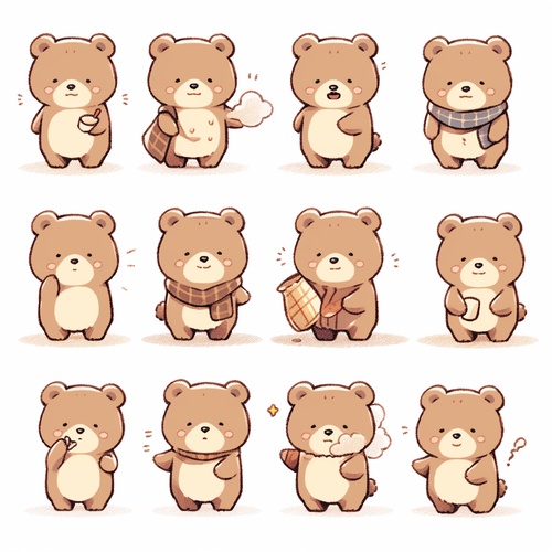 A set of cute bear stickers with various expressions and poses. The bears are wearing light blue shorts with a white background. The simple line illustrations and cute characters depict multiple scenes such as playing in bed, sleeping on the sofa, doing homework, eating rice dumplings, and expressing love through heart symbols. All of the scenes feature cute little brown bears in a minimalist style. ar 95:128