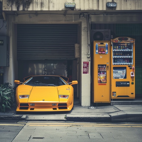 一个车库里一辆黄色的兰博基尼大牛在旁边停放着，旁边放着两个饮料机，上面贴着一个香港广告