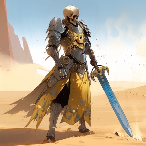 一个高大威武的骷髅战士，拿着蓝色花纹的太刀，穿着古朴的金属铠甲，站在黄沙之中，眺望右方