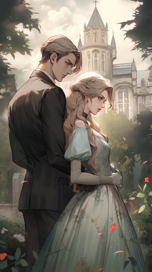 Animated Gothic Splendor: Prince and Princess in Castle's Back Garden