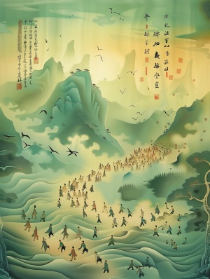 中国古代绘画，在一个绿色的背景，许多山峰是分散的，山峰是青