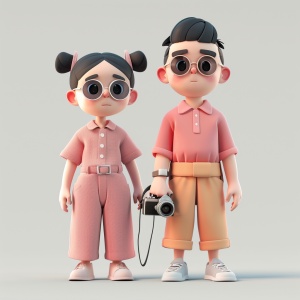 一个男孩和一个女孩、带着太阳镜,穿着粉色的短袖T恤和宽大的裤子。小妹手里拿着相机。穿着白运动鞋。这两个人并排站立在纯白色背景上的卡通角色插画。他们的脸部有清晰的面部特征。中国风格,,
