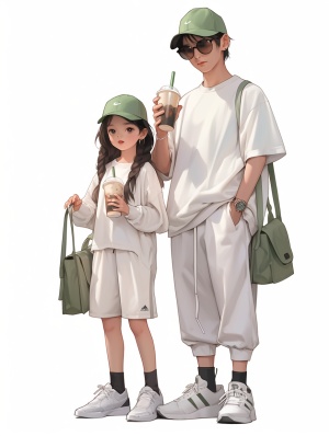 一个男孩和一个女孩戴着白色的棒球帽、太阳镜,穿着绿色的短袖T恤和宽大的裤子。小妹手里拿着咖啡。他们脚上穿着运动鞋。这两个人并排站立在纯白色背景上的卡通角色插画。他们的脸部有清晰的面部特征。中国风格,,