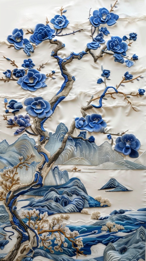 苏绣，立体饱满，中国山水画，有花草，立体刺绣，扁平风，蓝白配色