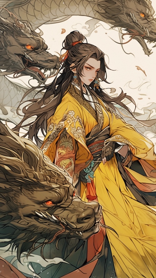 中国古代皇帝，五官俊美，黑色长发，穿着黄色龙袍
