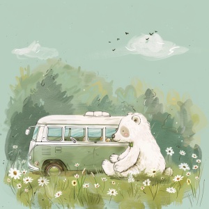 Spring is full of vitality, There is a bus on the grassland,simple and fresh, There is a white teddy bear sitting on the grass, cute illustration, illustrated in whimsicalstyle, simple and clean illustration, hand drawnillustration, cute artwork, illustration!, illustrations, byLynda Barry, simple details, minimalist
