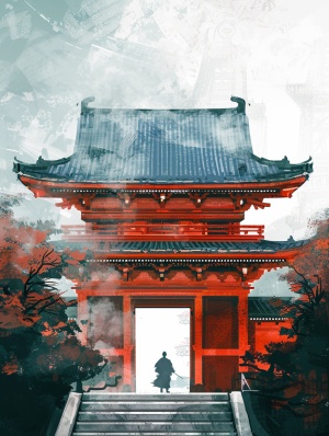 一座寺庙，巍峨雄伟，朱红色的大门，正殿里有一座高大的佛像。香烟缭绕