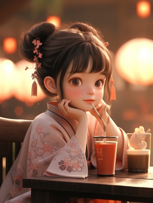 一个可爱的小女孩坐在桌子旁,头靠在一手,另一只手拿着奶茶。她穿着绣有小花的灰色汉服,头发盘起,面带灿烂的笑容。场景有柔和的光线,中式背景和浅色调。它用数字艺术技术的3D渲染,营造出温馨的氛围。图像清晰且高清、高质量。