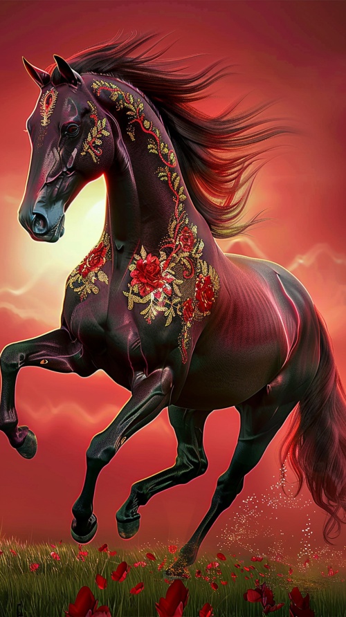 奔驰的黑马在宽阔的草原上飞驰，疾驰的姿态骄傲而优雅。它的四蹄踏在碧绿的草地上，一撤一放间踩出了节奏优美的旋律。阳光穿透稀疏的云层，照射在马身上，闪烁出迷人的光芒。马鬃随风飘舞，几束晨曦的光线穿过马蹄间的缝隙，犹如钻石般闪耀。