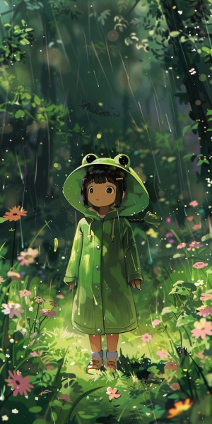 夏天，下雨天，有一位可爱的小女孩，穿着绿色青蛙雨衣，双手插在口袋里或者自然下垂。小男孩是黑色双马尾的，黑色的眼睛，青蛙雨衣是绿色的，雨衣的帽子是青蛙的头，小女孩穿着雨衣戴着雨衣的帽子。背后是一大片树林，草丛上开满了各种颜色的鲜花。漫画，二次元，动漫，卡通。小女孩位于画面的正下方，占比例较小，背景空旷占面积大