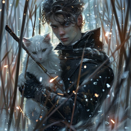 黑衣少年，芦苇荡，佩刀，眼神宛若星辰，怀中一只白猫,雪花飘落