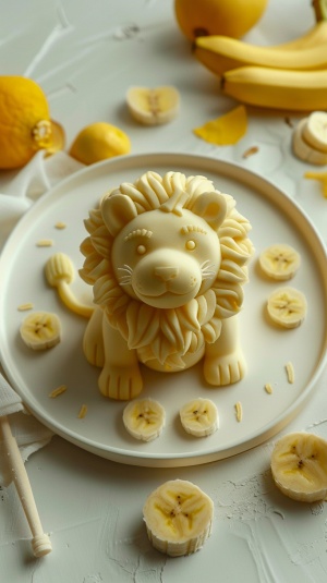 香蕉做成的小狮子，很可爱，形状非常精致漂亮。细节雕刻很精致，白色的盘子放在桌子上，周围放着一些香蕉片。非常细致的雕刻艺术，图案轮廓看起来光滑柔和，淡黄色配色，高清晰度摄影 v 6.0 ar 9:16