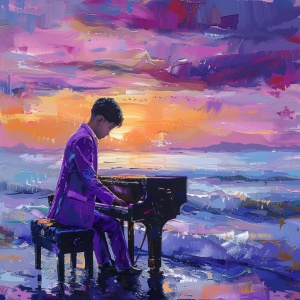 一个中国男孩，很高，穿着紫色西装，在海边弹琴
