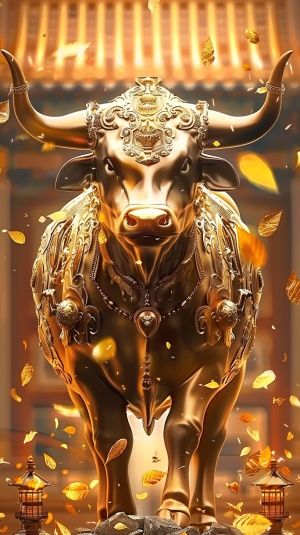 金色奢华：华丽东方风牛雕塑