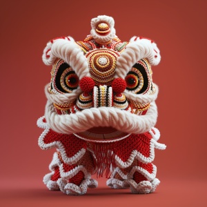 Cute Chinese lion dance, made of wool and yarn materials, in red, white and gold colors, in the style of crochet art, as a plush doll artwork, with a cute character design, shown from the front view, on a solid colored background, with detailed depiction and exquisite details, in a knitted style, with high definition photography and 3D rendering.
