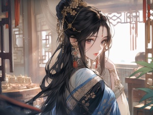 一个年轻漂亮的女人，乌黑大眼睛，黑色长发马尾，精美发簪，古代女子发饰，穿着华丽的汉服，站着，平静的表情，古代房间室内，中国古风风格，