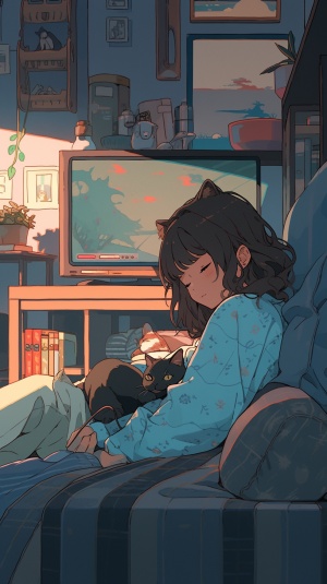 一个女孩趴在沙发上睡觉，身边有一只黑猫陪着，有个电视机