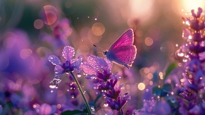 清晨的第一缕阳光温柔地洒落，轻抚着那片紫色花朵。花朵们带着昨夜的露珠，在阳光下闪耀着晶莹的光芒，如同璀璨的宝石。一只粉色彩蝶翩翩而来，轻盈地落在花瓣上，翅膀微微颤动，与紫色花朵相互映衬，构成一幅绝美的画面。那清晨的露珠似是花朵与彩蝶的秘密语言，讲述着这静谧而又充满生机的清晨故事，仿佛时间都在此刻静止，只为留住这如梦如幻的美好瞬间。